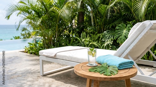 Relaxing beach vacation with modern outdoor lounge chair and tropical ocean view