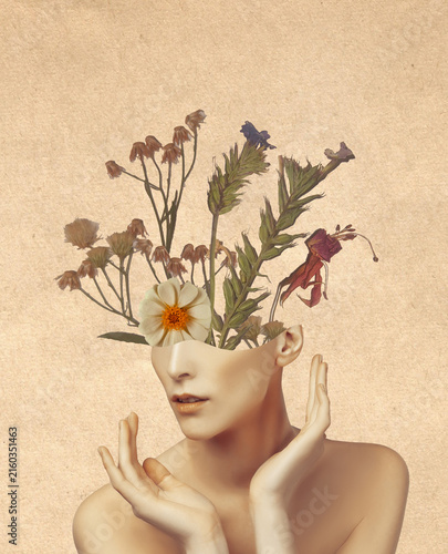 Abstract contemporary art collage portrait of young woman with flowers on sad face