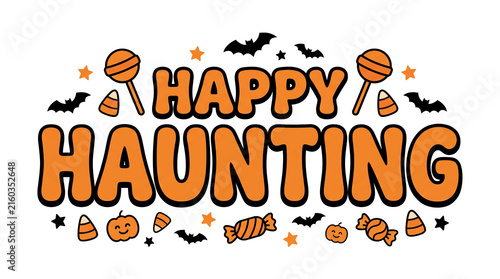 Happy haunting halloween graphic with bats pumpkins and spooky sweets design