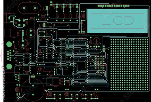 Printed circuit board of electronic 
device with components of radio elements, 
conductors and contact pads placed on pcb. 
Engineering technical drawing. Electric background.