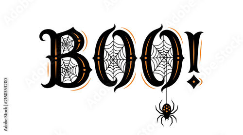 Vintage halloween boo typography with spiderweb and small spider illustration