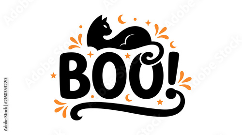 Festive halloween design featuring a black cat and hand lettered boo typography