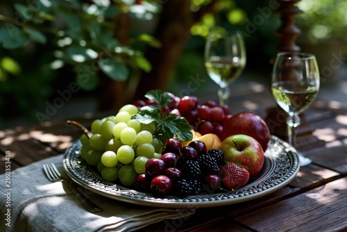 Fresh fruit platter with wine outdoors on sunny day
