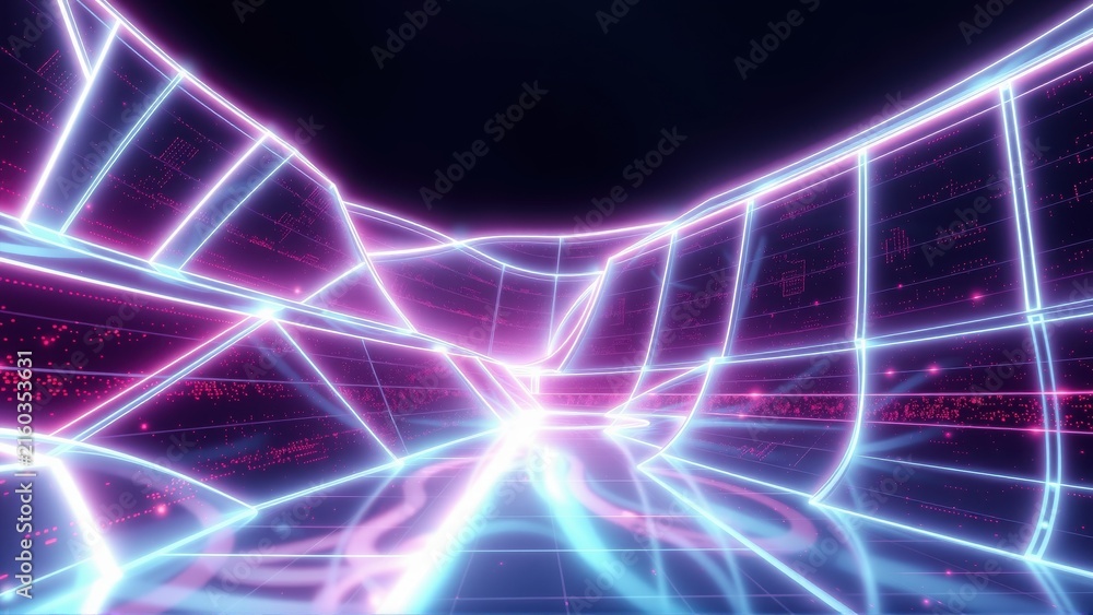 Fototapeta premium Retro neon grid tunnel. Bright pink, blue lines create futuristic perspective. Dark background emphasizes glowing digital aesthetic.