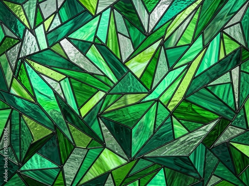 Emerald Green Stained Glass Mosaic Backgrounds Set with Geometric Patterns, Prism Crystals, and Abstract Landscapes