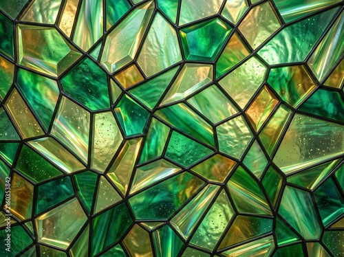Emerald Green Stained Glass Mosaic Backgrounds Set with Geometric Patterns, Prism Crystals, and Abstract Landscapes