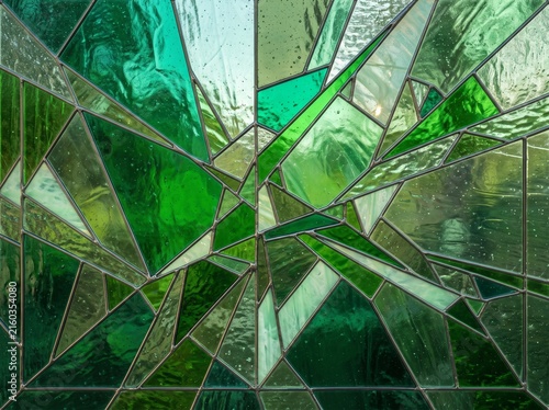 Emerald Green Stained Glass Mosaic Backgrounds Set with Geometric Patterns, Prism Crystals, and Abstract Landscapes