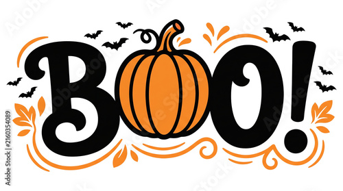 Halloween boo text design with a cute orange pumpkin and flying bats on a white background