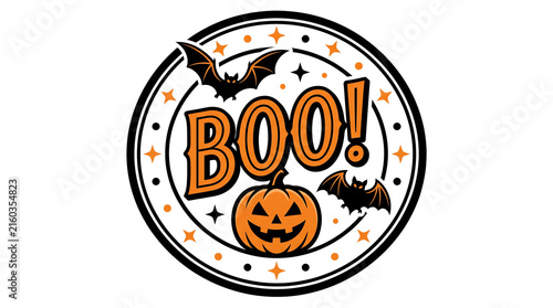 Round halloween badge design featuring the word boo with a cute jack o lantern and flying bats
