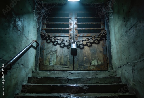 Dark abandoned wooden door secured with heavy chains and padlock under dim basement