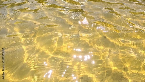 Sunlit shallow water shimmers with bright sparkling glare over a golden sandy bottom, ripples and light patterns moving steadily across the rippling surface in daylight.