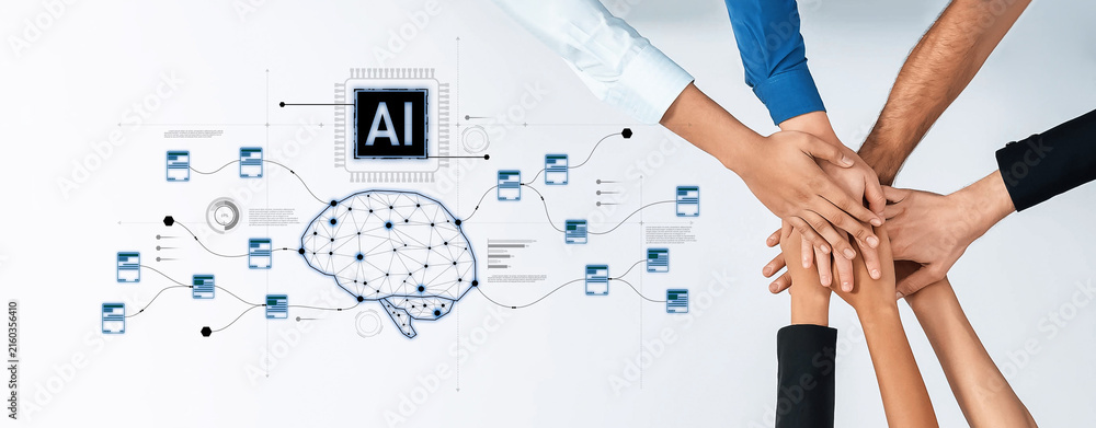 Obraz premium A vibrant image showcasing diverse hands united together over a digital background representing artificial intelligence, symbolizing teamwork and modern collaboration. Trope