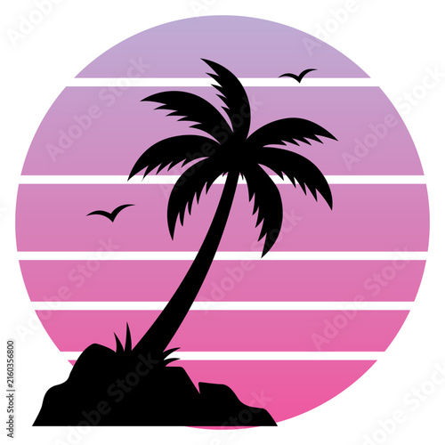 Retro 80s style sunset with a silhouette of a palm tree on a small island, vintage synthwave aesthetic, tropical summer vacation design element podium
