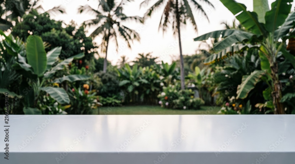 Fototapeta premium Tropical Garden with White Tabletop for Product Display