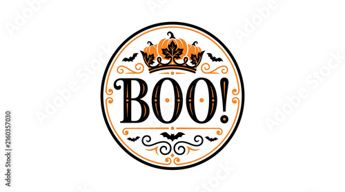 Vintage halloween oval sticker with spooky text and decorative elements