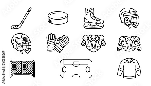 Canvas Print Ice Hockey Equipment and Winter Sports Line Icon Set Featuring Hockey Stick Puck
