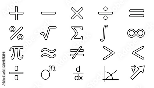 Mathematical Operator and Algebra Equation Line Icon Set Featuring Arithmetic Calculations Calculus Derivatives Exponents Geometry Angles Infinity and Pi Notation Symbols