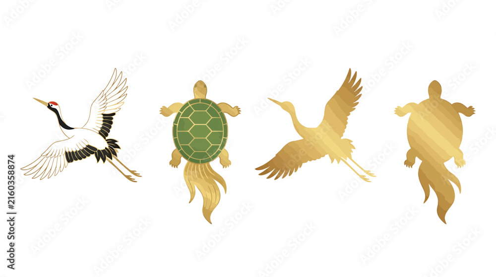 Naklejka premium Golden origami cranes and turtles representing peace and longevity, in a traditional Japanese art style.