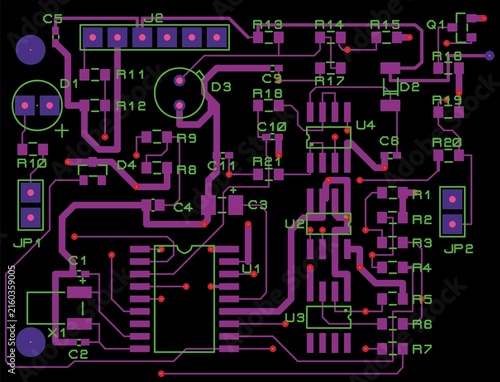 Printed circuit board of electronic 
device with components of radio elements, 
conductors and contact pads placed on pcb. 
Engineering technical drawing. Electric background.