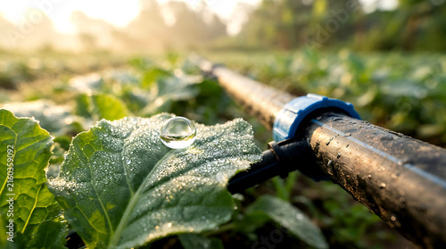 Drip irrigation system watering green vegetable crops in a farm field at sunrise.