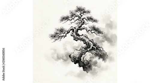 sumi e, ink wash painting, pine tree, bonsai tree, stone islet, rock, floating island, clouds, mist, monochrome art, black ink, chinese painting, japanese painting, brush strokes, zen art, minimalist 