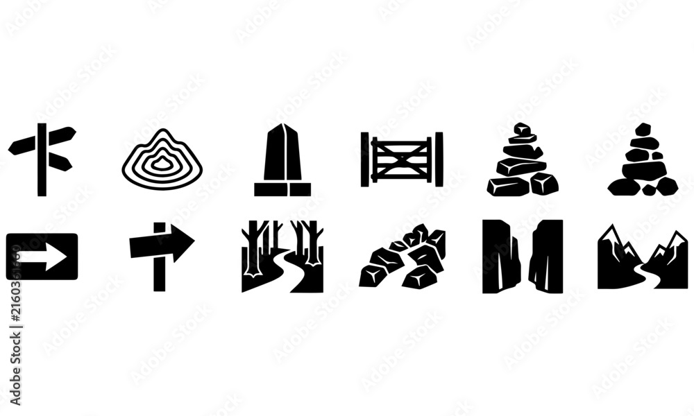 Fototapeta premium Hiking and camping outdoor navigation vector icons set trail sign