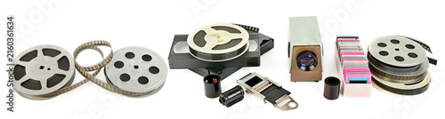 Vintage Media Equipment Collection with Film Reels VHS Tapes and Slides Retro Photography and Cinema Equipment Isolated on White Background