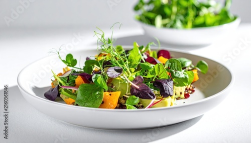 Fresh salad with vibrant greens, colorful vegetables, and herbs in white bowl against light background