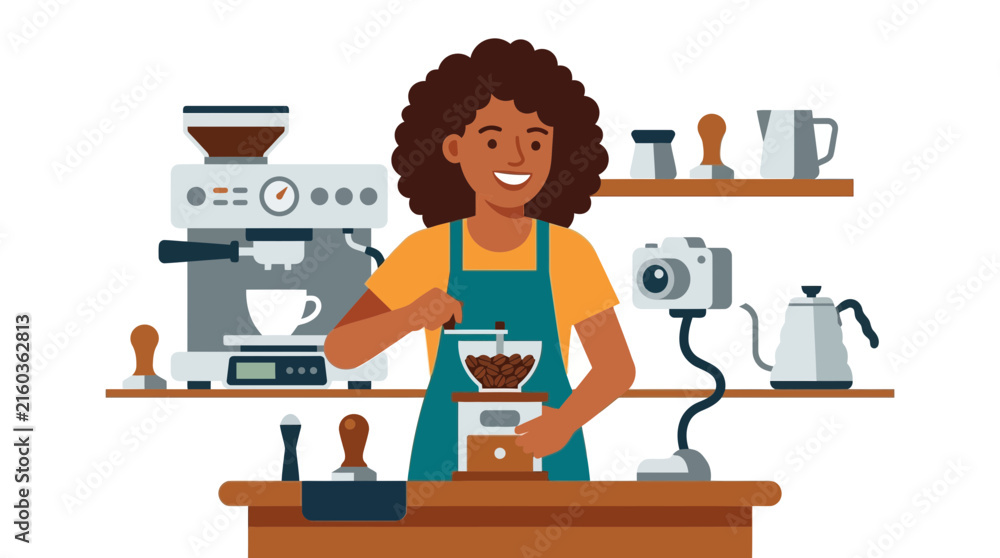 Fototapeta premium Woman Grinding Coffee Beans for Espresso