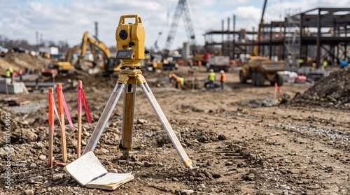 Yellow surveying total station on a tripod at a construction site with a notebook and measurement stakes on dirt ground.