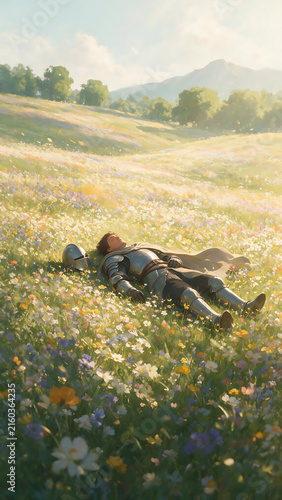 Knight Lying Peacefully in Wildflower Meadow