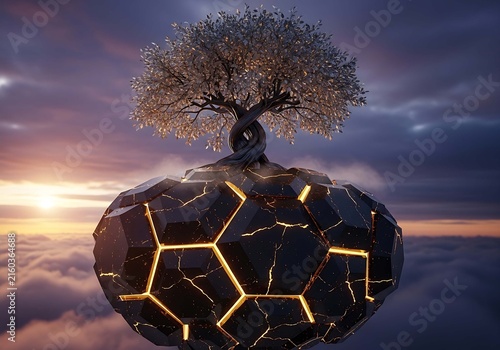 Abstract Resilient Tree on Floating Cracked Sphere with Glowing Core Amidst Twilight Clouds