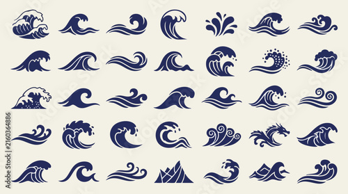 Japanese style ocean wave icon collection with decorative sea crest elements flowing water curls and traditional marine symbols for branding patterns and illustrations
