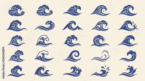 Decorative Japanese ocean wave crest bundle with elegant sea wave elements flowing water motifs and traditional Asian inspired designs for logos patterns and branding