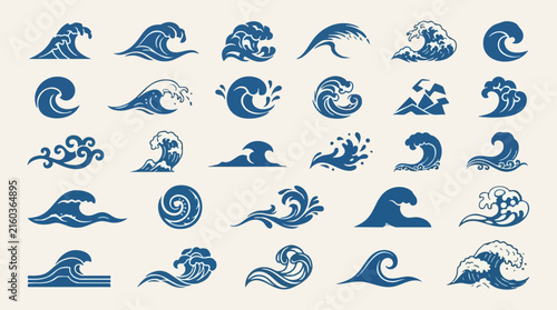 Classic Japanese ocean wave collection featuring decorative sea crest designs stylized water curls and traditional marine ornaments for creative graphic applications