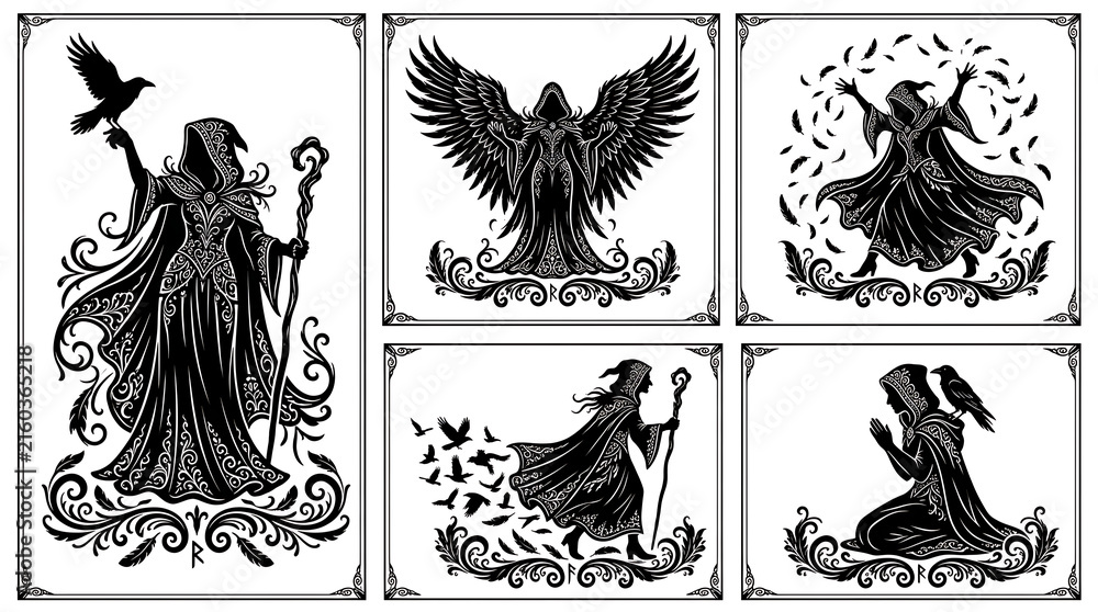 Naklejka premium Witch and crow silhouette icon set for fantasy design and mystical occult illustrations