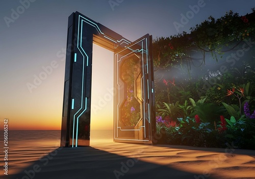 Abstract Sci-Fi Portal on Beach Leading to Lush Jungle at Sunset 3D Digital Art