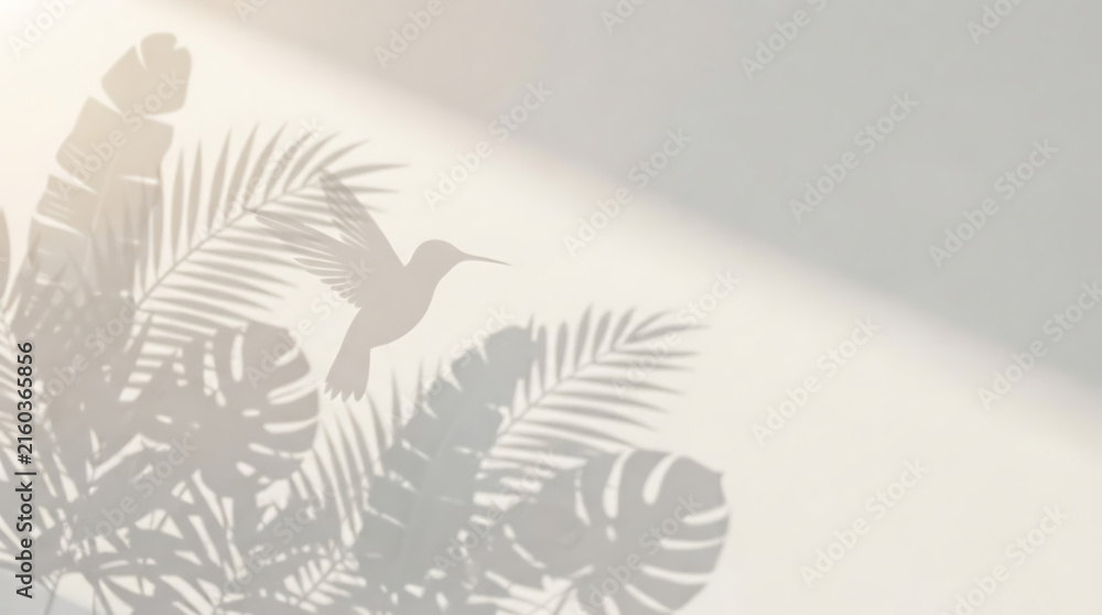 Naklejka premium Graceful Hummingbird and Tropical Leaf Shadows on a Clean White Wall