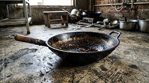 Old seasoned black wok on a dirty industrial kitchen floor