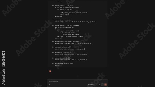 Minsk Belarus August 17 2026 Artificial intelligence assistant writing programming code on dark blurred monitor. Live code generation streams line by line during automated session. Cyber