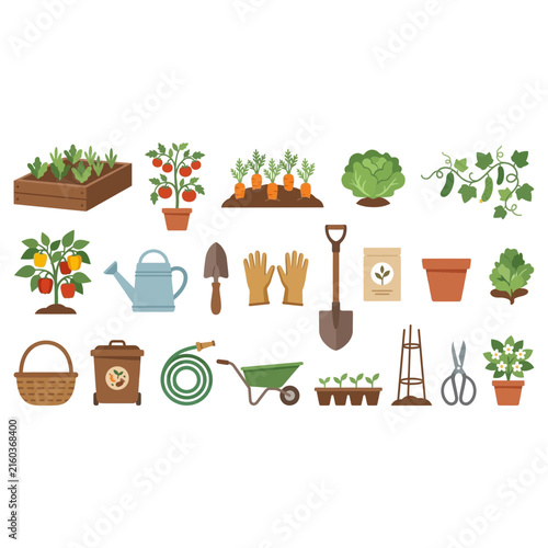 Set of various gardening tools and fresh organic vegetables growing in pots or soil for spring planting season