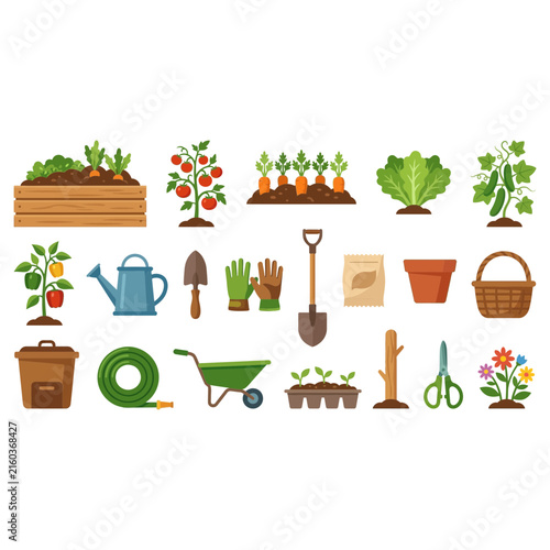 Set of gardening tools and vegetable plants for home farming isolated on a white background in flat style