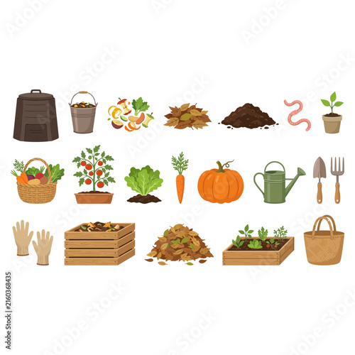 A collection of organic gardening and composting icons featuring tools vegetables soil bins and natural waste for sustainability