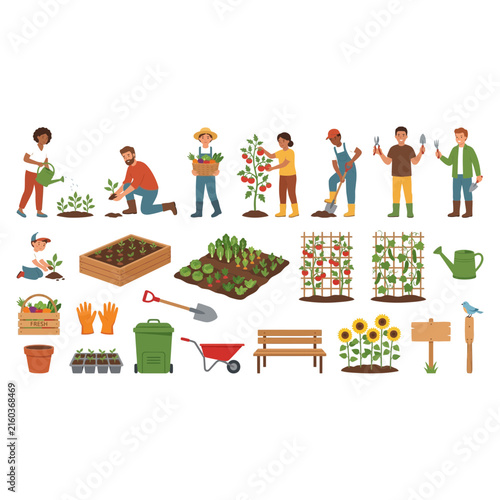 Diverse group of people gardening and farming with various tools and plants in a flat vector illustration set
