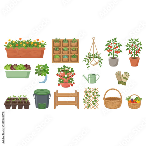 Set of various gardening equipment and potted plants for home urban farming and vegetable cultivation in small spaces