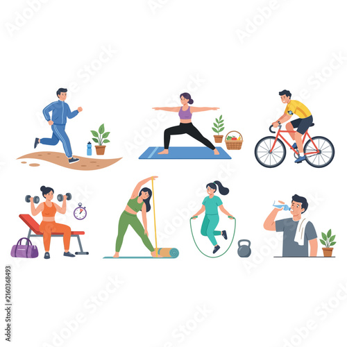 A collection of diverse people engaging in various healthy fitness activities including running cycling yoga and weight training