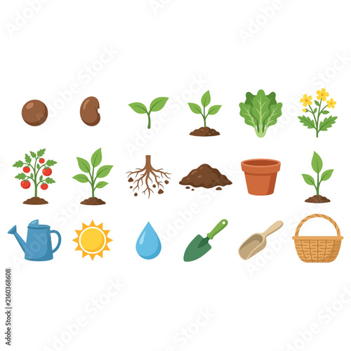 Set of gardening and farming icons showing plant growth stages from seed to harvest with tools and supplies