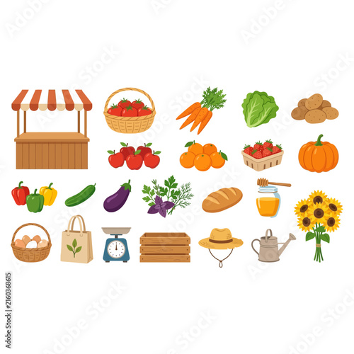Set of colorful farm market elements including fresh organic vegetables fruits bread honey flowers and rustic wooden stall