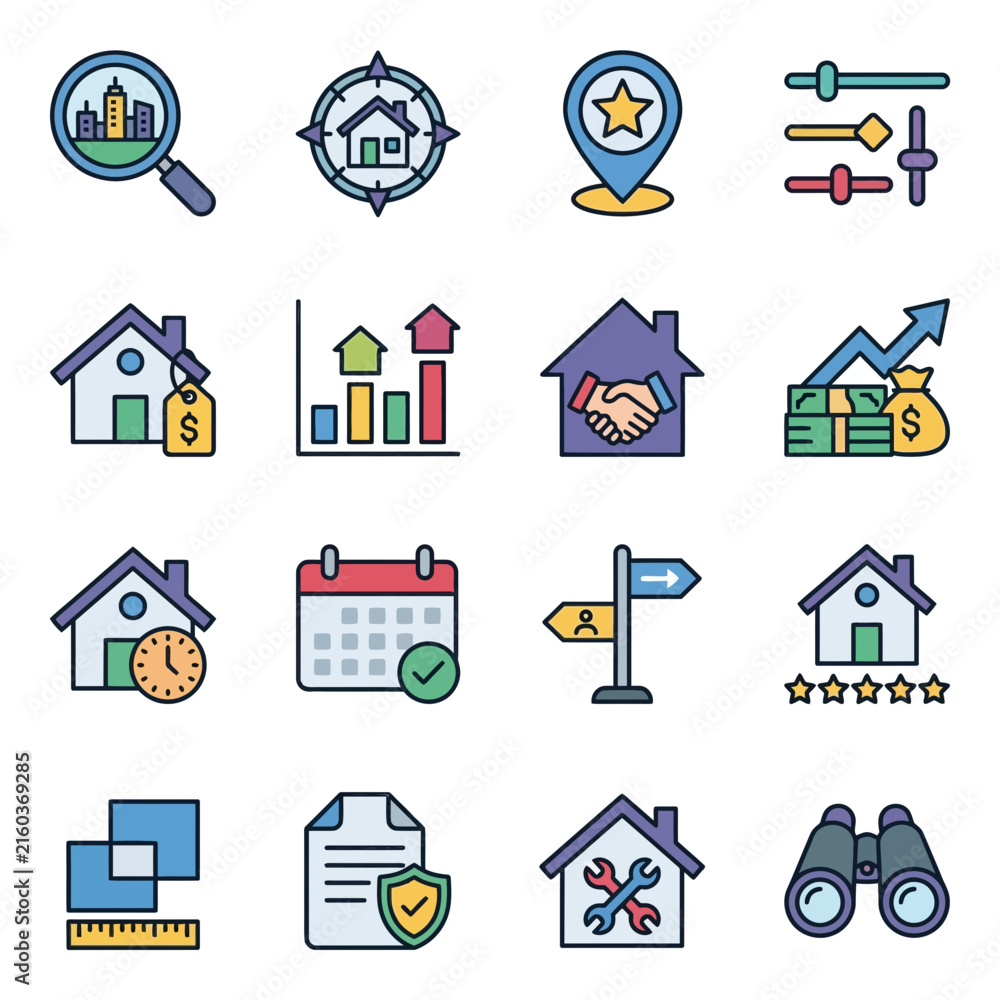 Fototapeta premium Real estate business strategy and property management icon set.