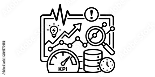 Real time data monitoring and KPI performance analytics line icon with speedometer alert sign database magnifying glass and clock